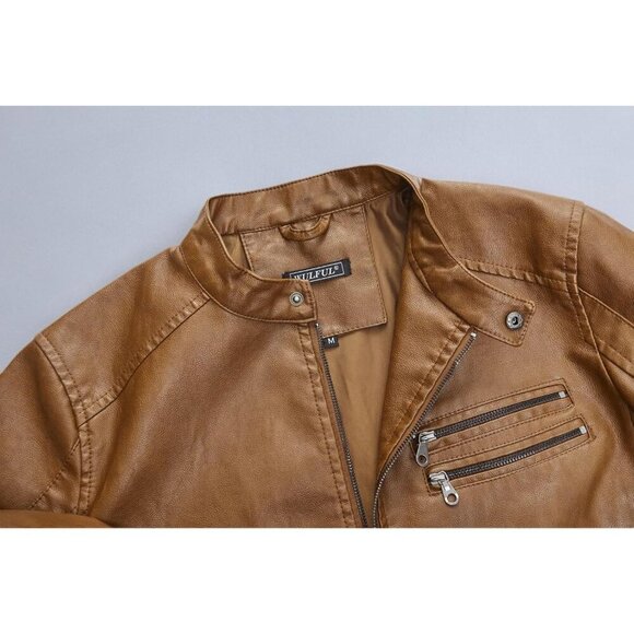 🆕 Men Brown Stand Collar Leather Jacket Motorcycle Lightweight Faux Outwear - Picture 6 of 6